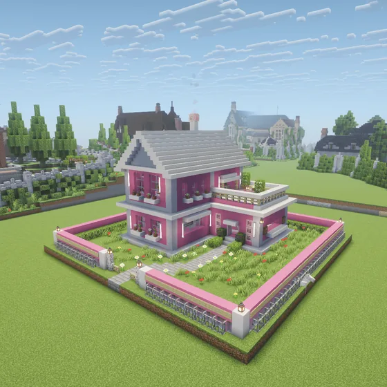Coquette House Pink Two-Story Furnished Minecraft schematic