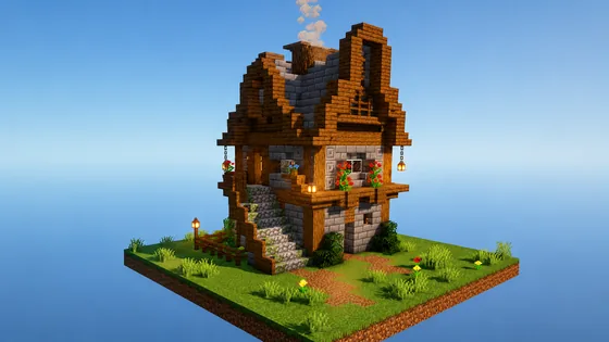 Cozy Medieval Riverside Starter House Minecraft schematic