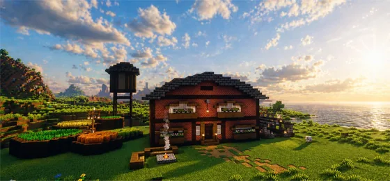 Cozy Red Brick Starter House with Homestead Farm Minecraft schematic