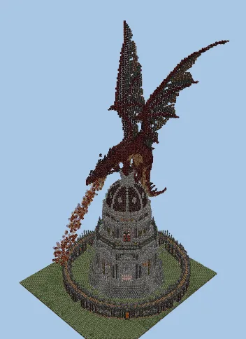 Fantasy Dragon Tower Build with Storage and Trading Hall Minecraft schematic preview