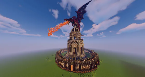 Fantasy Dragon Tower Build with Storage and Trading Hall Minecraft schematic