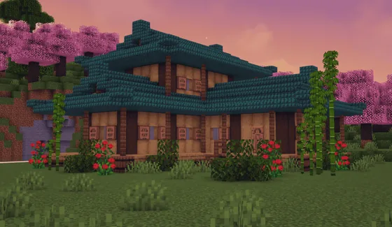 Japanese House With Dark Prismarine Minecraft schematic