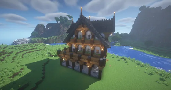Rustic House With Wrap-Around Patio Minecraft schematic